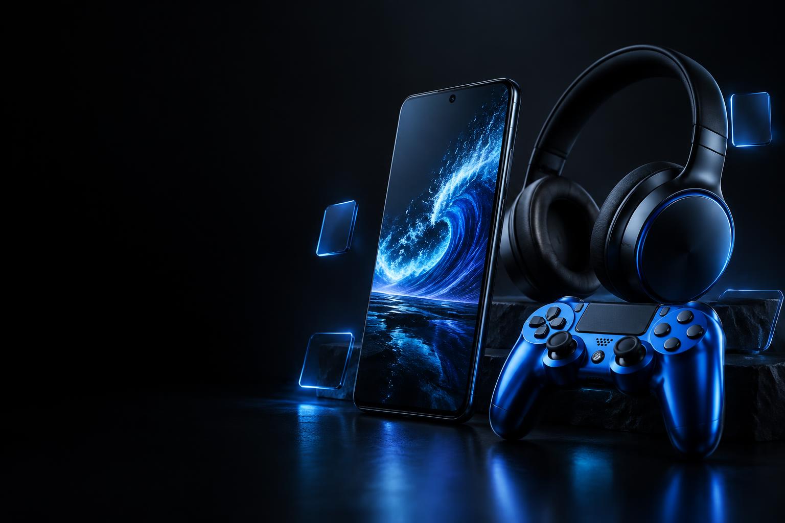 Celular, fones de ouvido e controle de videogame iluminados em azul